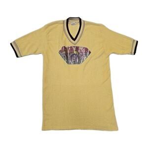 Vintage 70s Healthknit Super Dad T Shirt Terry Cloth V-Neck L Yellow Glitter USA